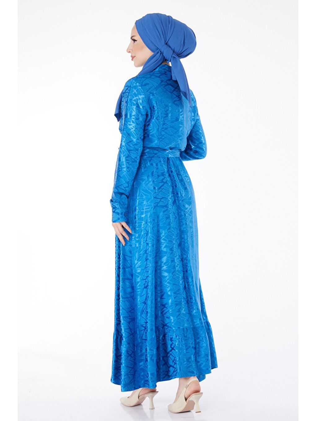 Düz Gömlek Yaka Kadın Mavi Taş Detaylı Abiye Elbise - 25191-4