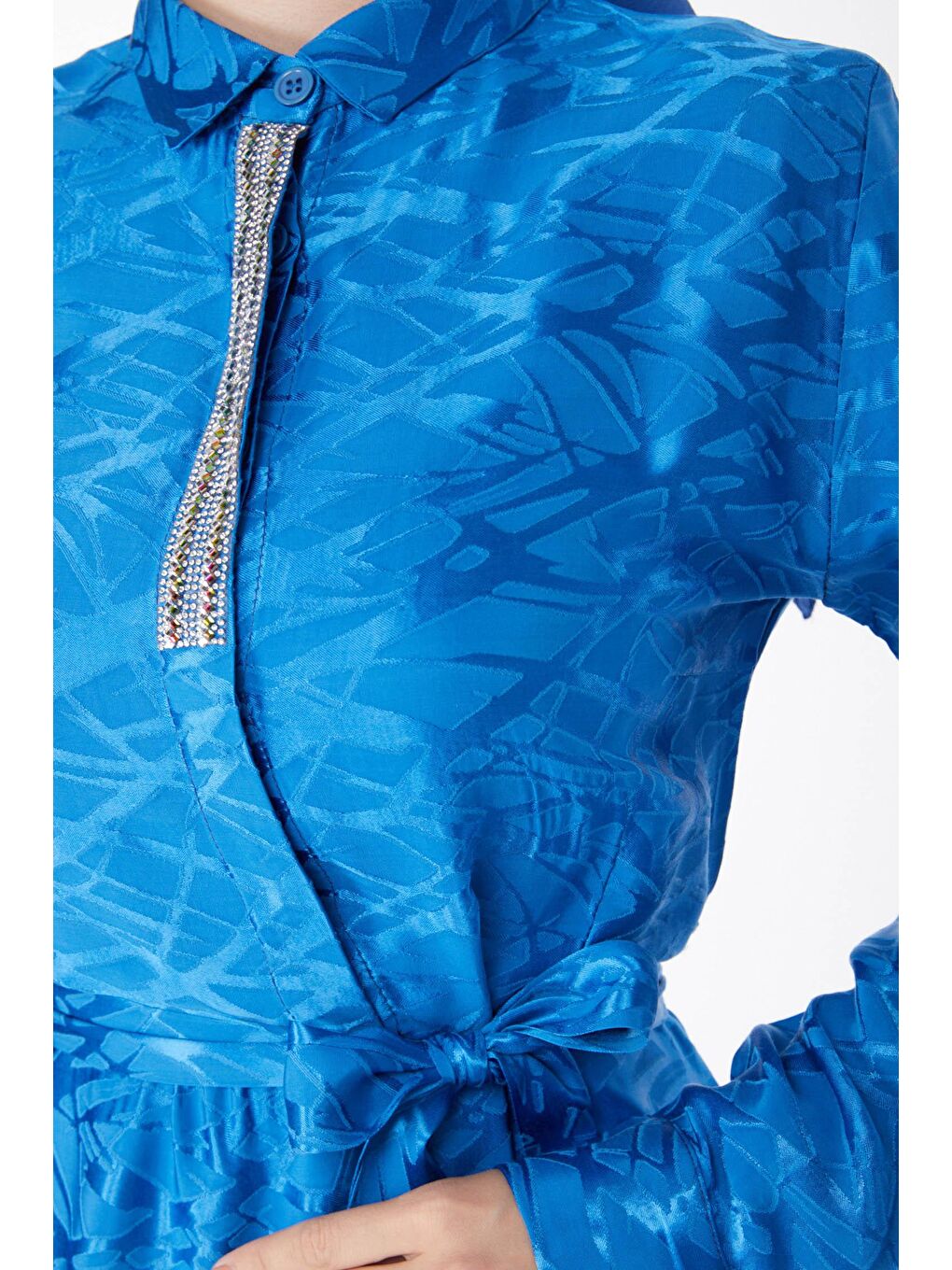 Düz Gömlek Yaka Kadın Mavi Taş Detaylı Abiye Elbise - 25191-5