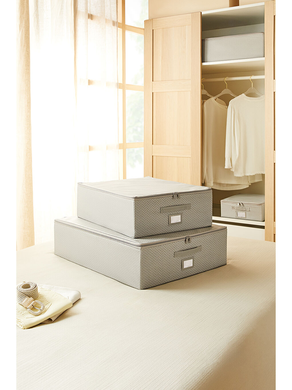 2'li Gri Balıksırtı Destekli Hurç Set 45 x 55 x 18 + 55 x 70 x 18 cm