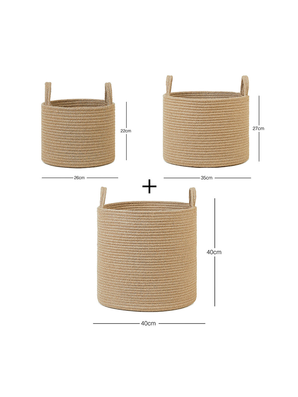 Bej 3'lü Jüt Halat Sepet Set 26 x 22 / 35 x 27 / 40 x 40 cm-2