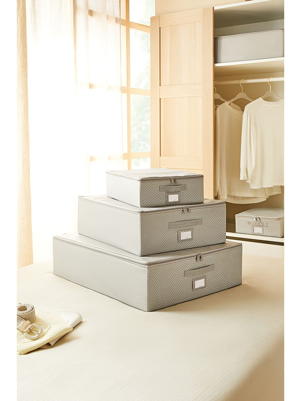 3'lü Gri Balıksırtı Destekli Hurç Set 31 x 38 x 12 + 45 x 55 x 18 + 55 x 70 x 18 cm