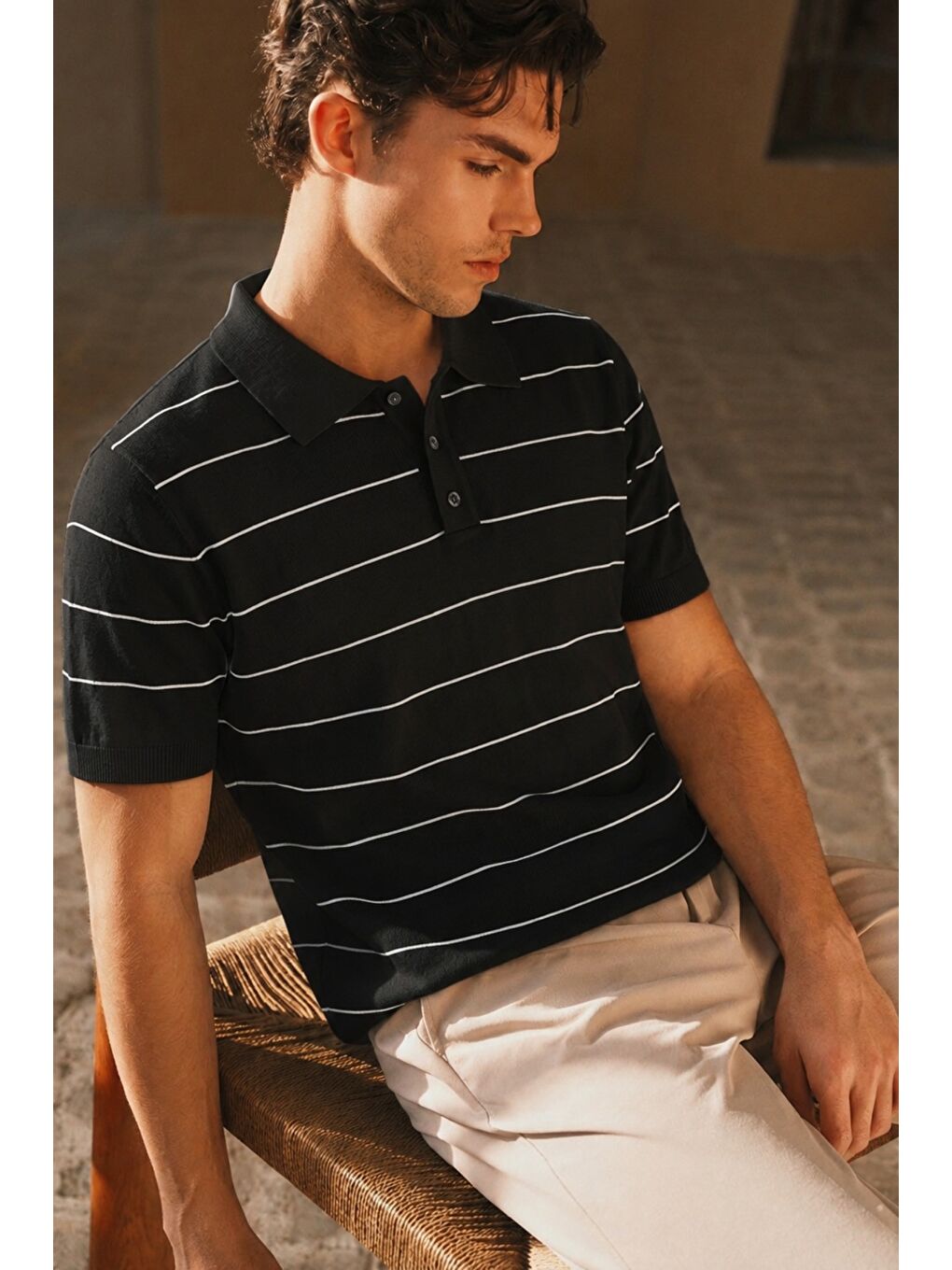 Siyah Erkek Old Money Çizgili Polo Yaka Triko Tişört Slim Fit