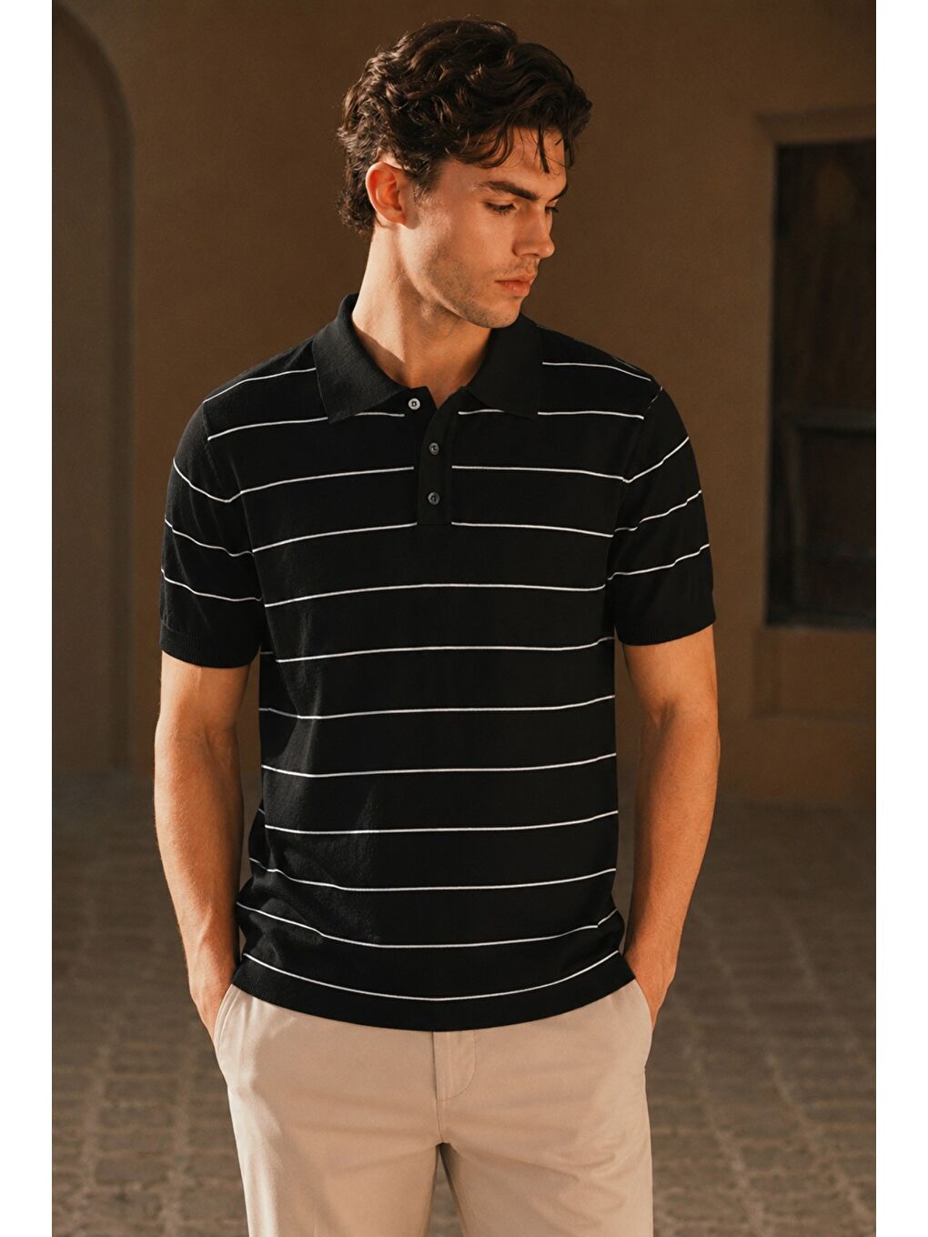 Siyah Erkek Old Money Çizgili Polo Yaka Triko Tişört Slim Fit-1