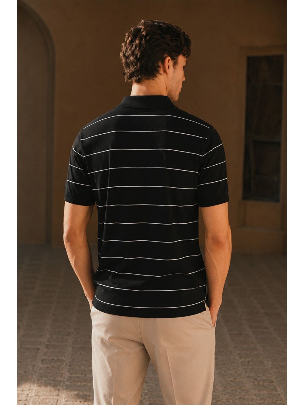 Siyah Erkek Old Money Çizgili Polo Yaka Triko Tişört Slim Fit-2