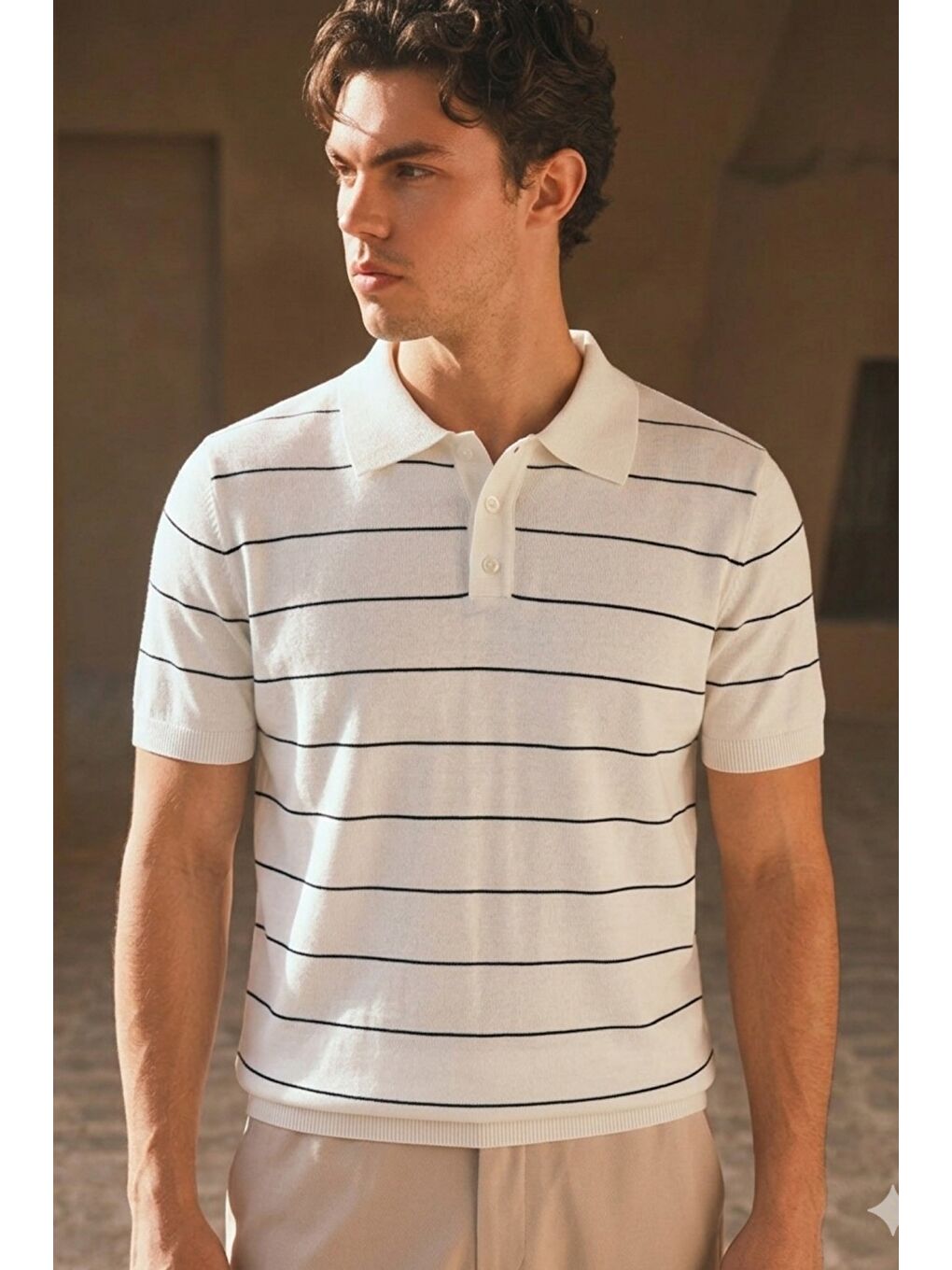 Beyaz Erkek Old Money Çizgili Polo Yaka Triko Tişört Slim Fit-1