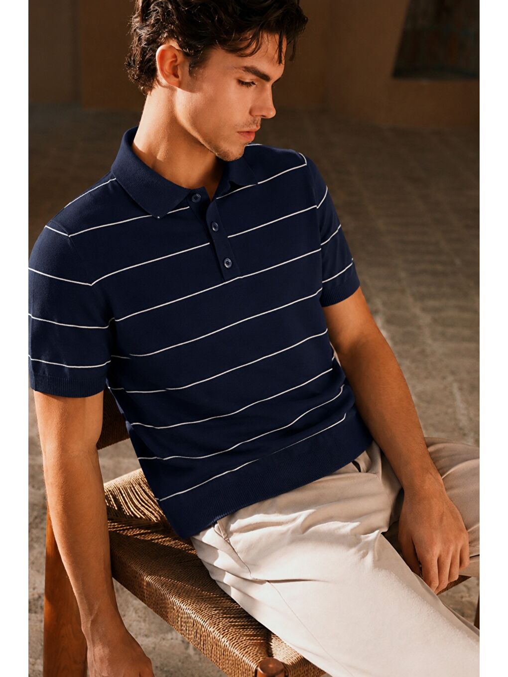 Lacivert Erkek Old Money Çizgili Polo Yaka Triko Tişört Slim Fit