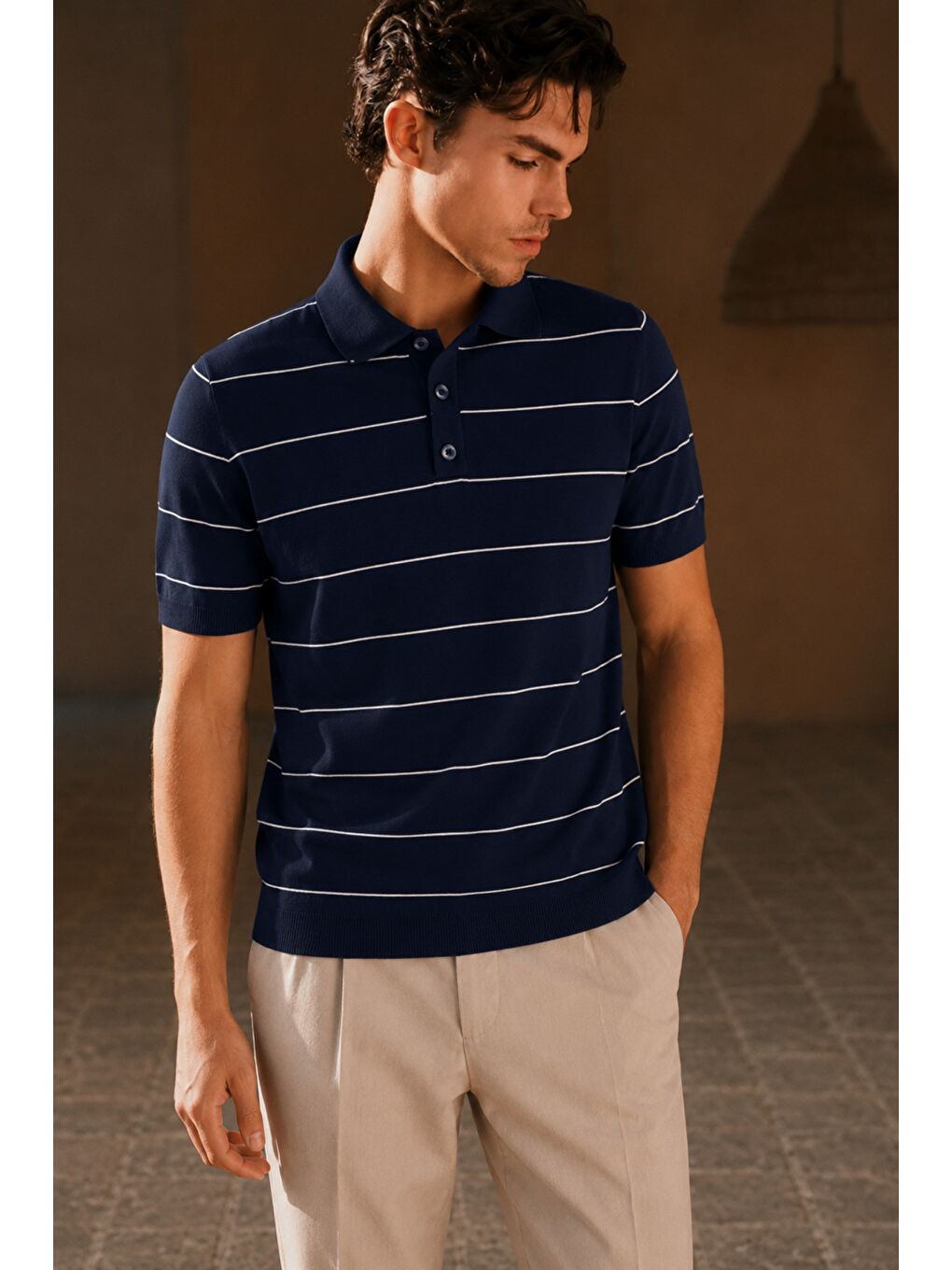 Lacivert Erkek Old Money Çizgili Polo Yaka Triko Tişört Slim Fit-1