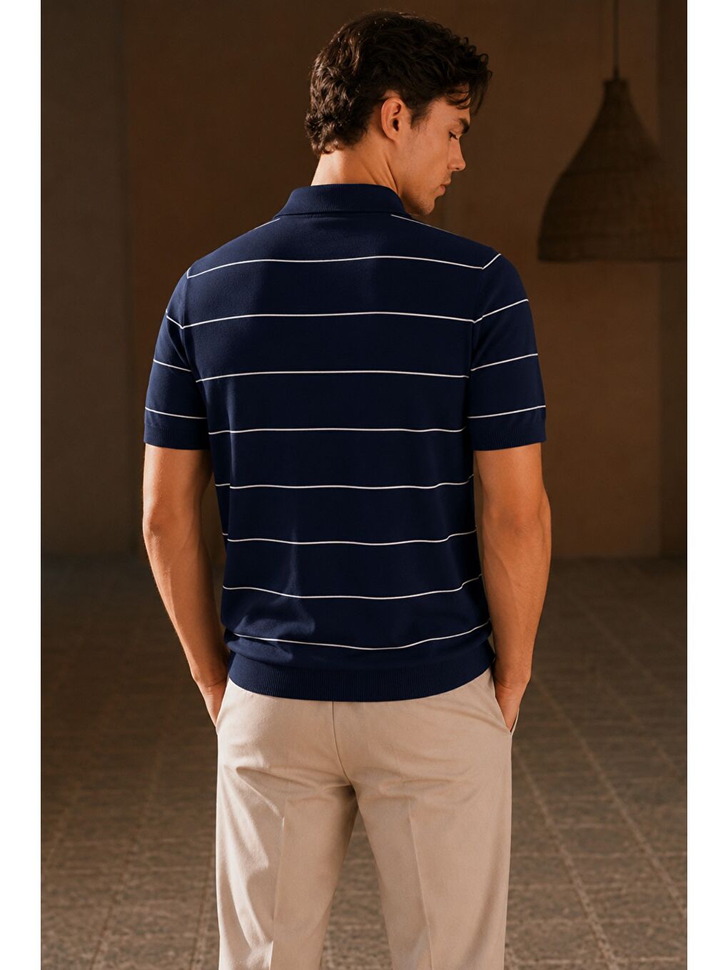 Lacivert Erkek Old Money Çizgili Polo Yaka Triko Tişört Slim Fit-2