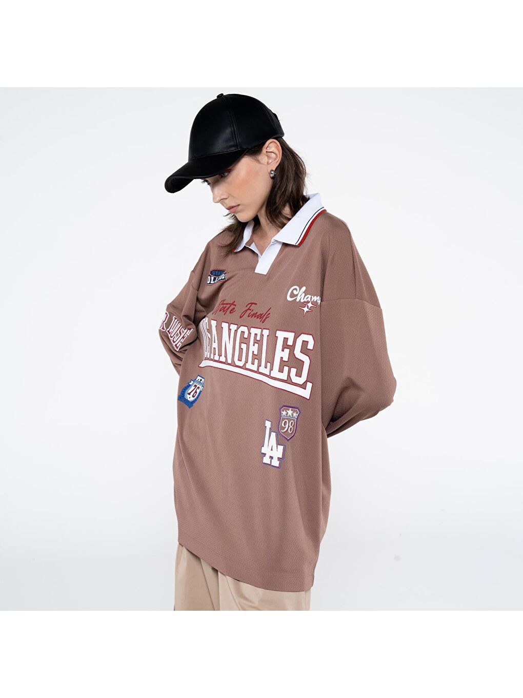 Garcia Kadın Kahverengi Polo Yaka Uzun Kollu Extra Oversize Tişört-2