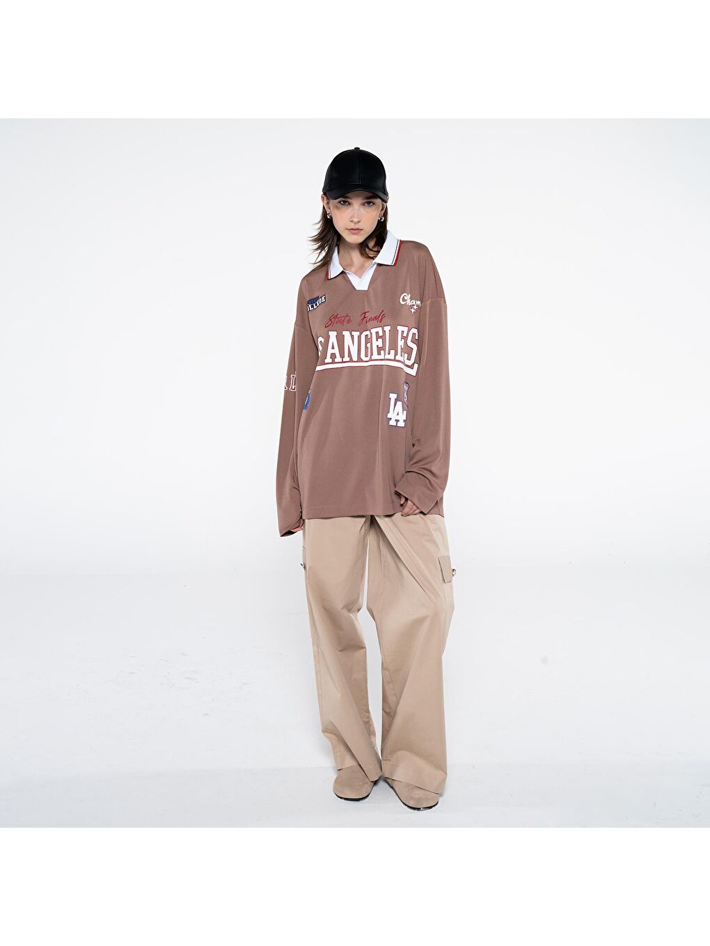 Garcia Kadın Kahverengi Polo Yaka Uzun Kollu Extra Oversize Tişört-4