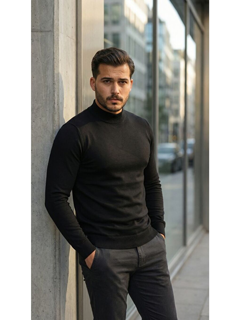 Siyah Erkek Yarım Balıkçı Yaka Pamuklu Triko-1