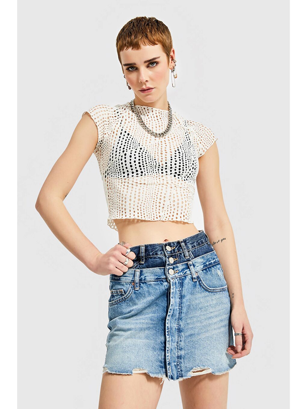 Yeşil Kadın  Rengi Çift Kemer Detaylı Mini Denim Etek