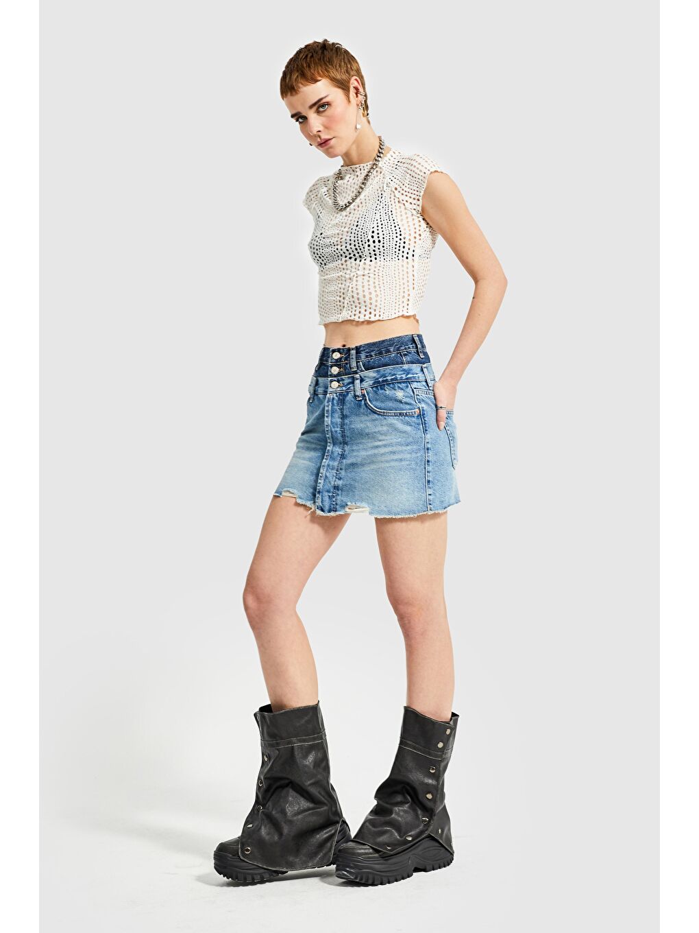 Yeşil Kadın  Rengi Çift Kemer Detaylı Mini Denim Etek-1