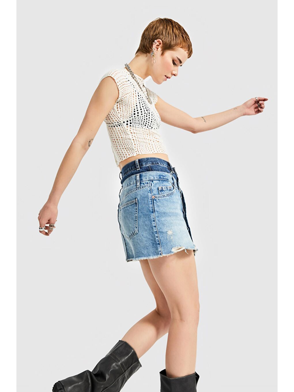 Yeşil Kadın  Rengi Çift Kemer Detaylı Mini Denim Etek-2