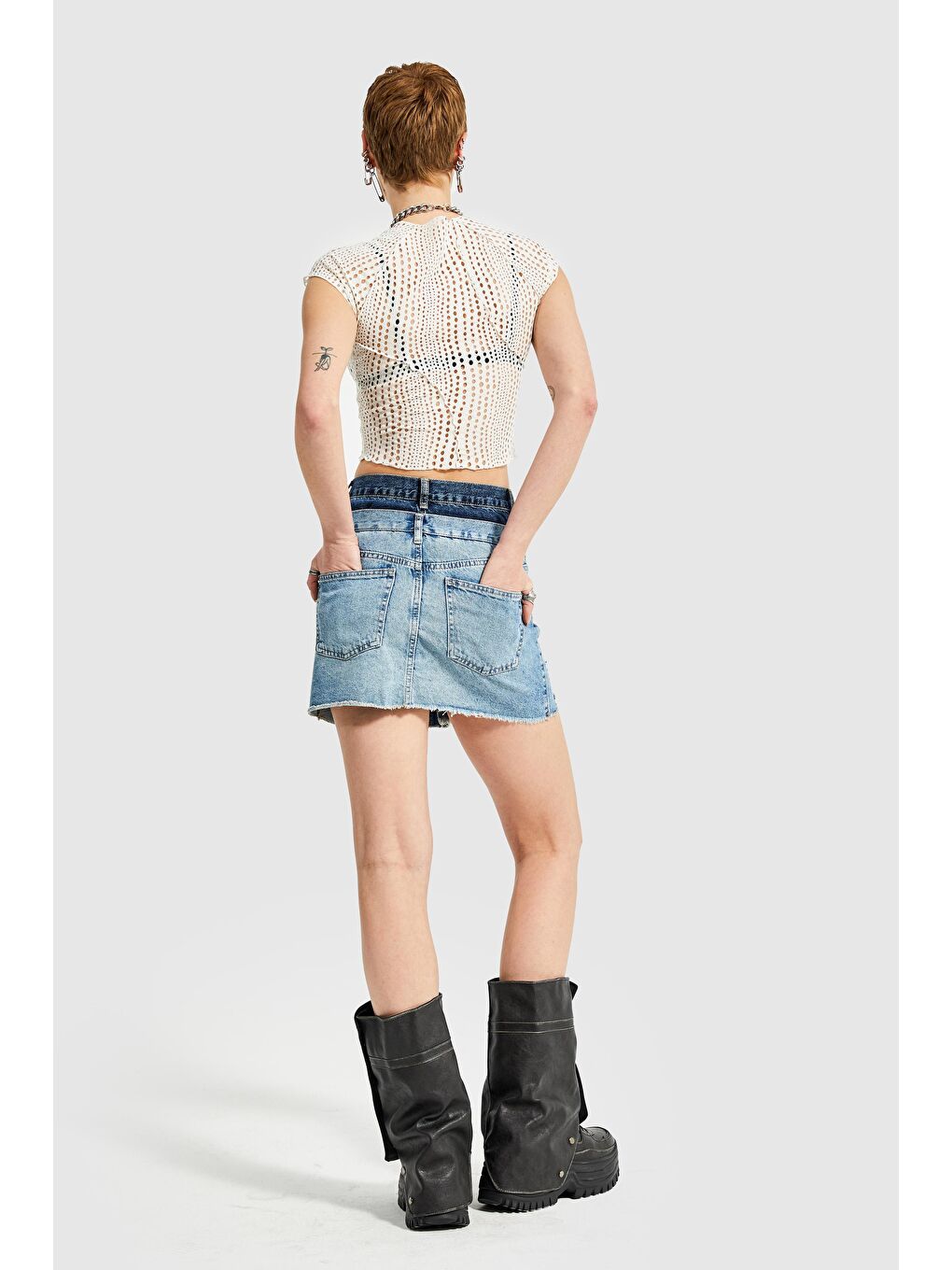 Yeşil Kadın  Rengi Çift Kemer Detaylı Mini Denim Etek-3