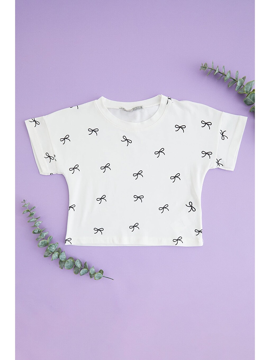 Ekru Fiyonk Baskılı Kız Çocuk Crop Tişört