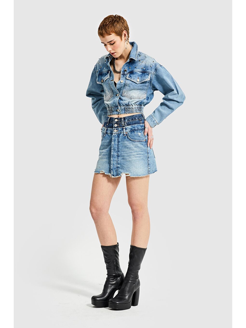 Yeşil Kadın  Rengi Çift Kemer Detaylı Mini Denim Etek-4