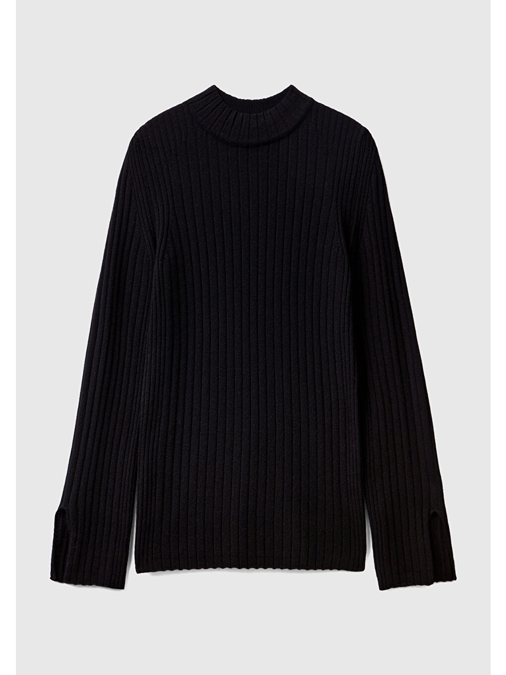 Kadın Siyah Yün Karışımlı Kol Ucu Yırtmaçlı Yarım Balıkçı Kazak