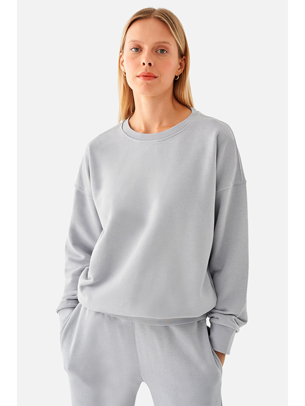 Superstacy Gri Nina Pamuklu Basic Gri Sweatshirt