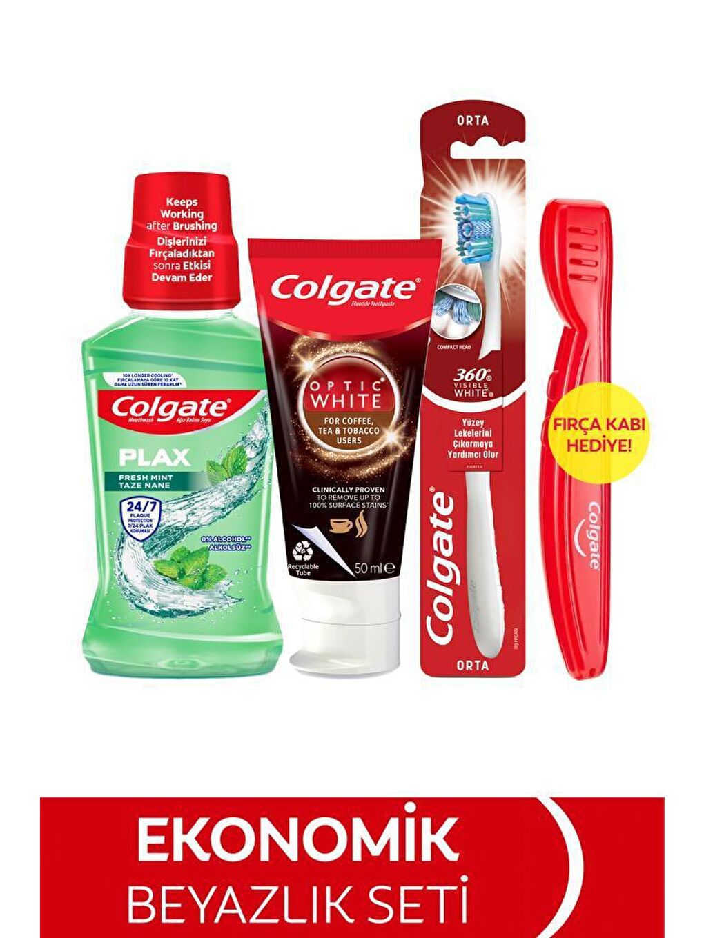 Colgate Karışık Optic White Kahve,Çay Kullanıcıları Diş Macunu 50ml, Orta Diş Fırçası,250ml Ağız Bakım Suyu