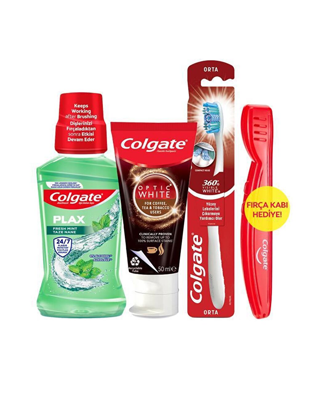 Colgate Karışık Optic White Kahve,Çay Kullanıcıları Diş Macunu 50ml, Orta Diş Fırçası,250ml Ağız Bakım Suyu - 1