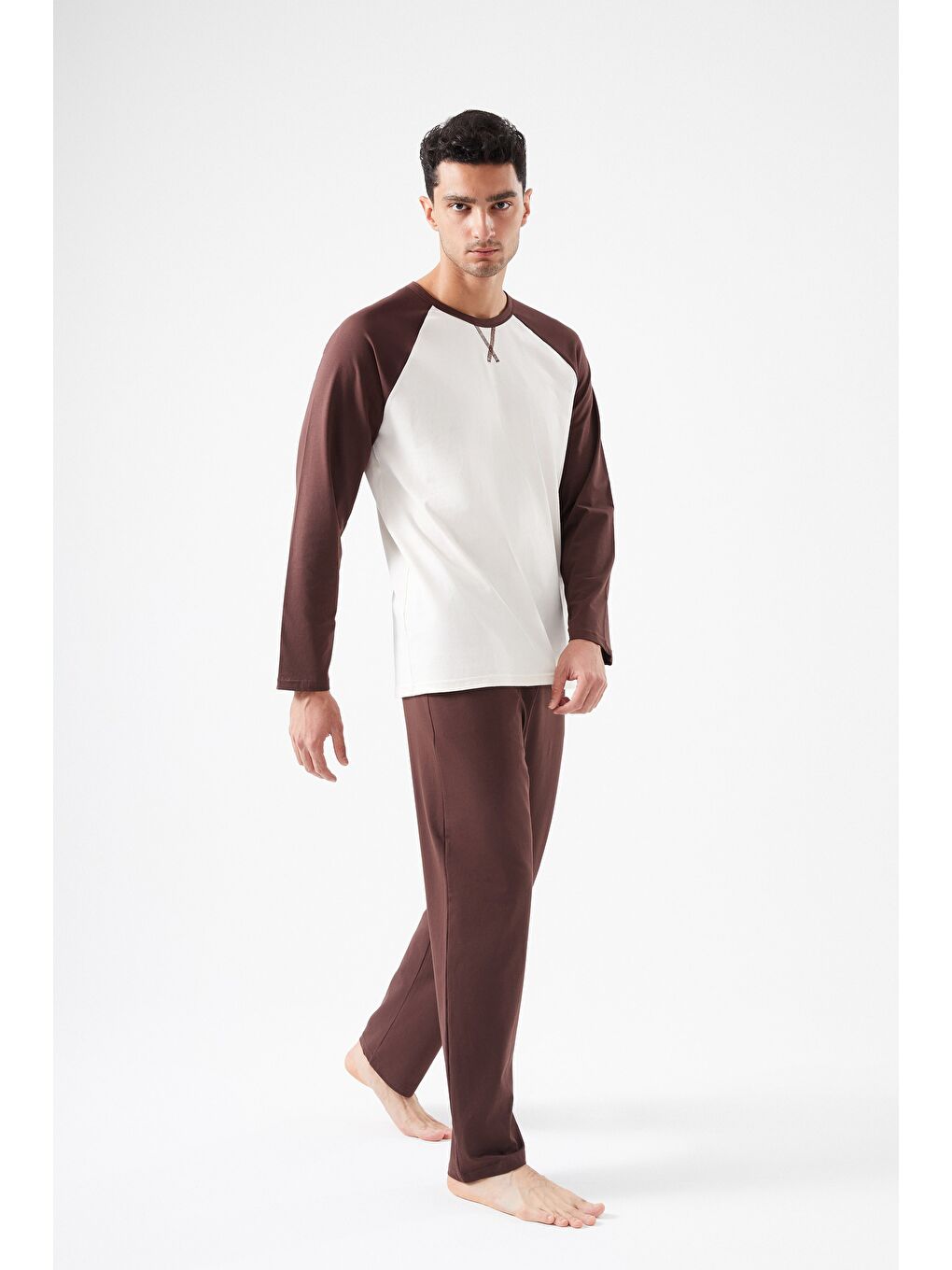 Kahverengi Erkek Pamuklu Uzun Kollu Cepli Pijama Takımı