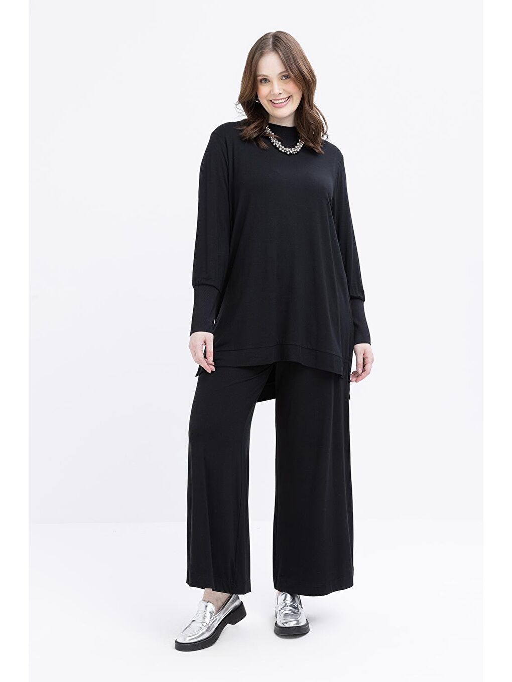 Siyah-Büyük Beden Elastanlı Pantolonlu Takım