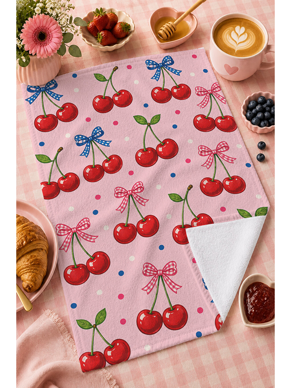 Beyaz Pembe Kiraz Desenli Havlu-1