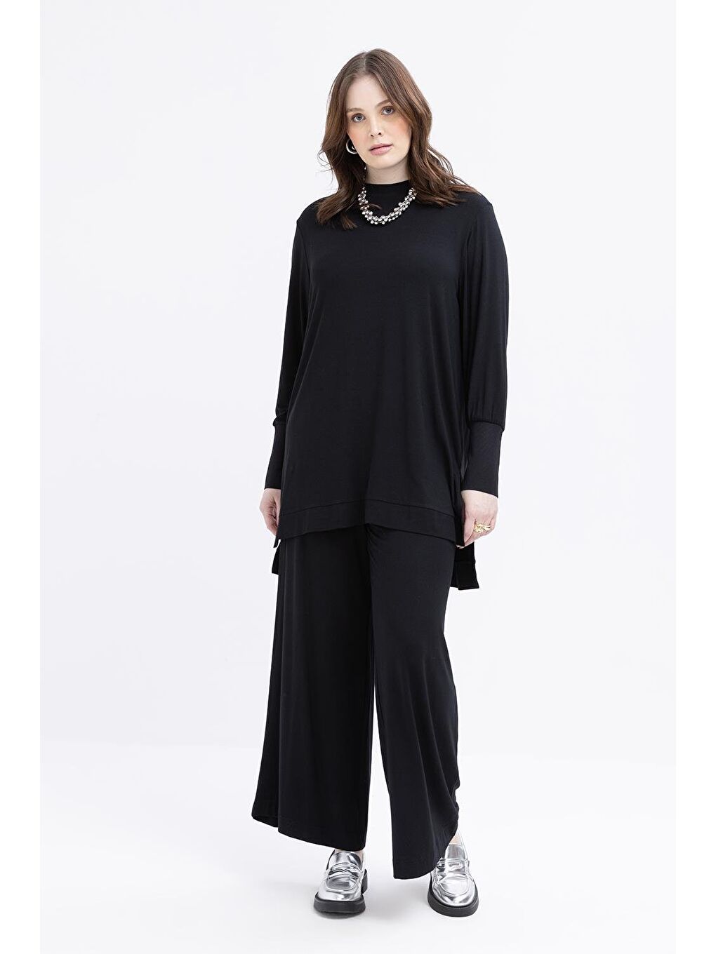 Siyah-Büyük Beden Elastanlı Pantolonlu Takım-1