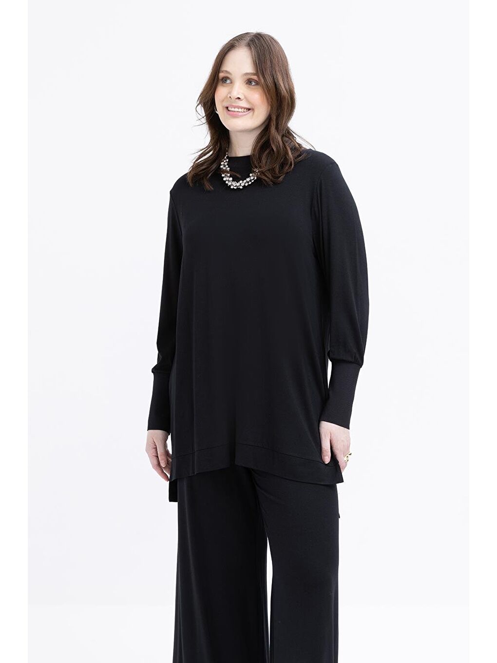 Siyah-Büyük Beden Elastanlı Pantolonlu Takım-4