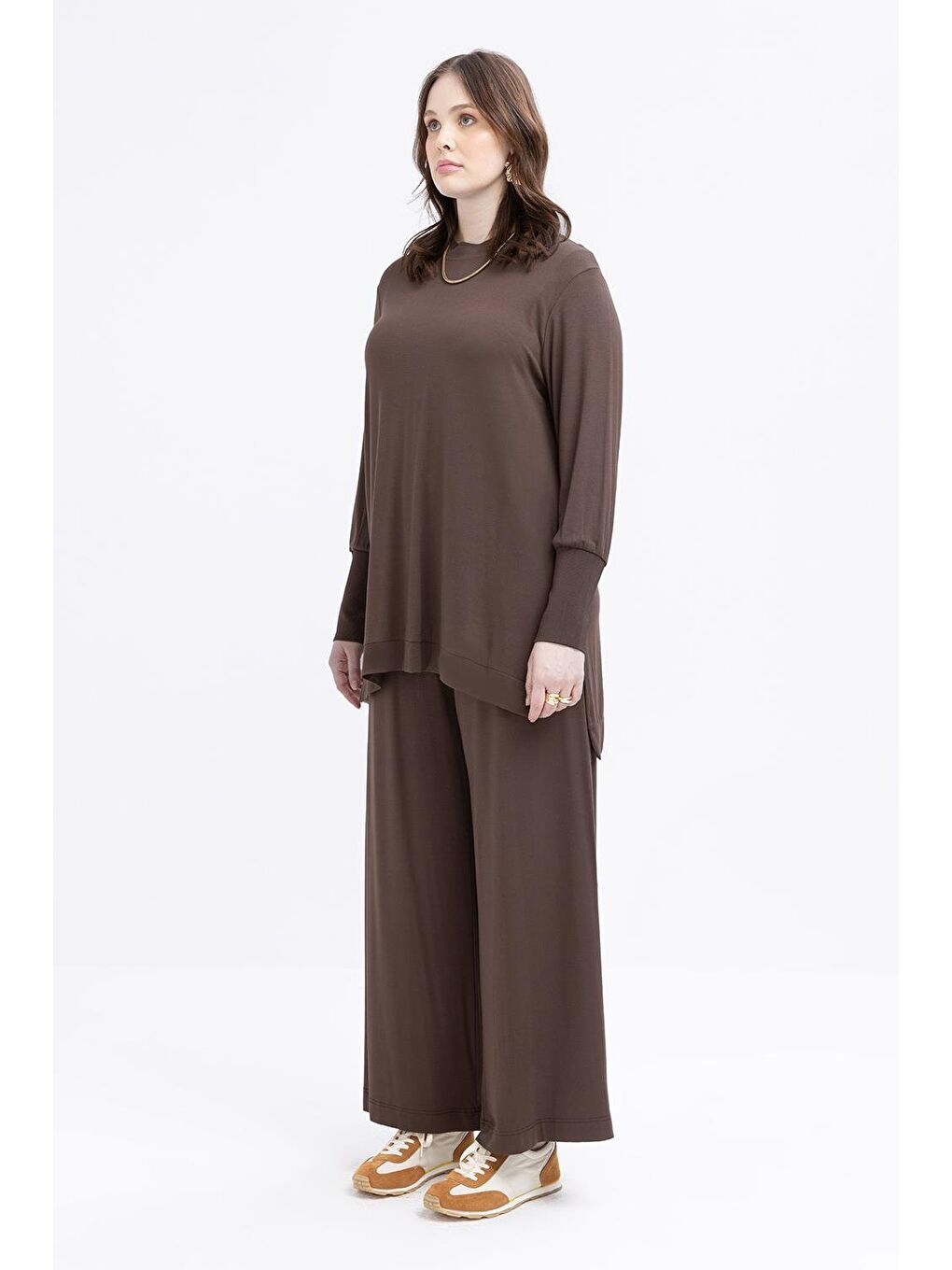 Kahverengi Kahve-Büyük Beden Elastanlı Pantolonlu Takım-2