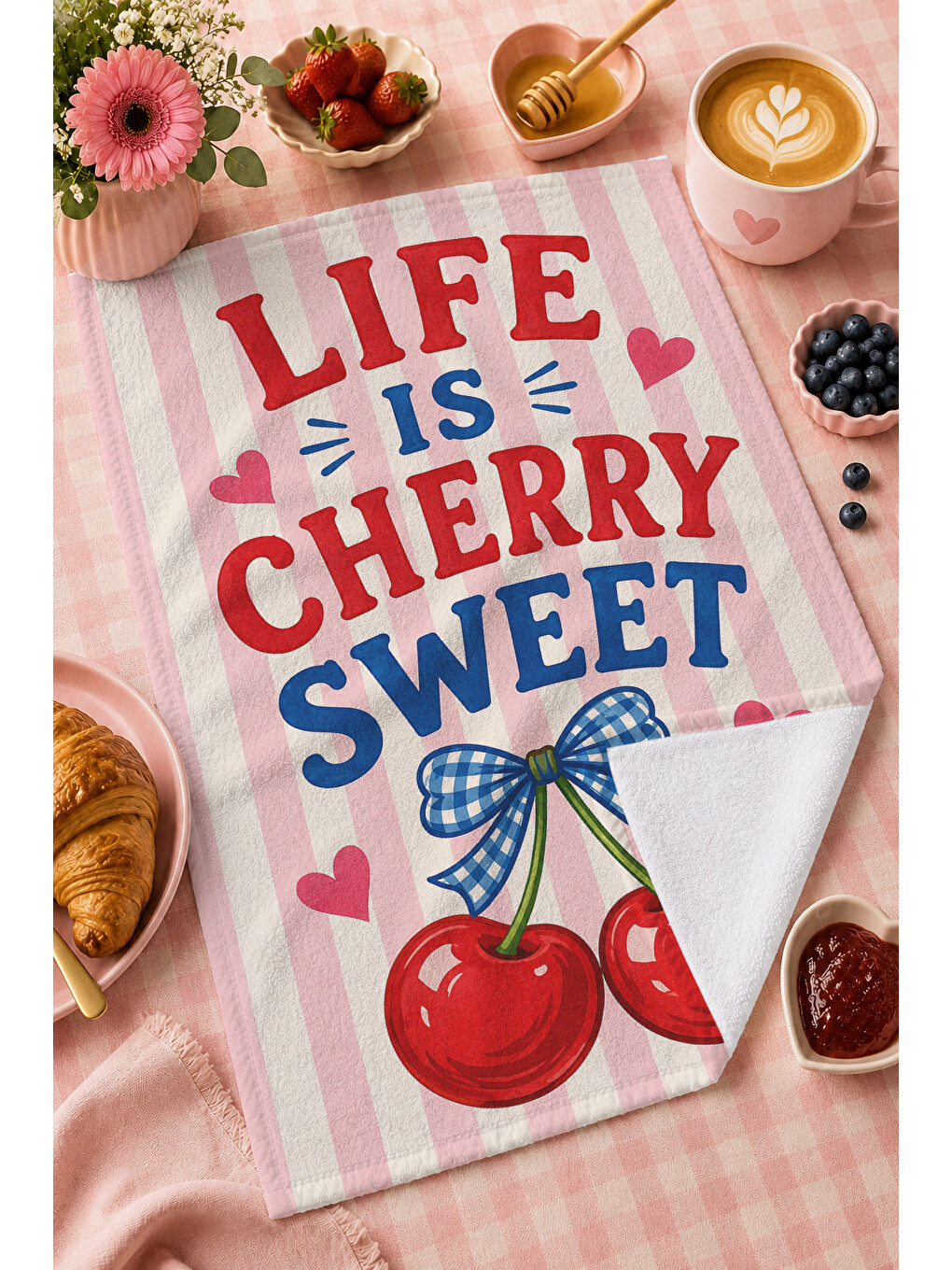 Beyaz Pembe Kiraz Desenli Havlu-2