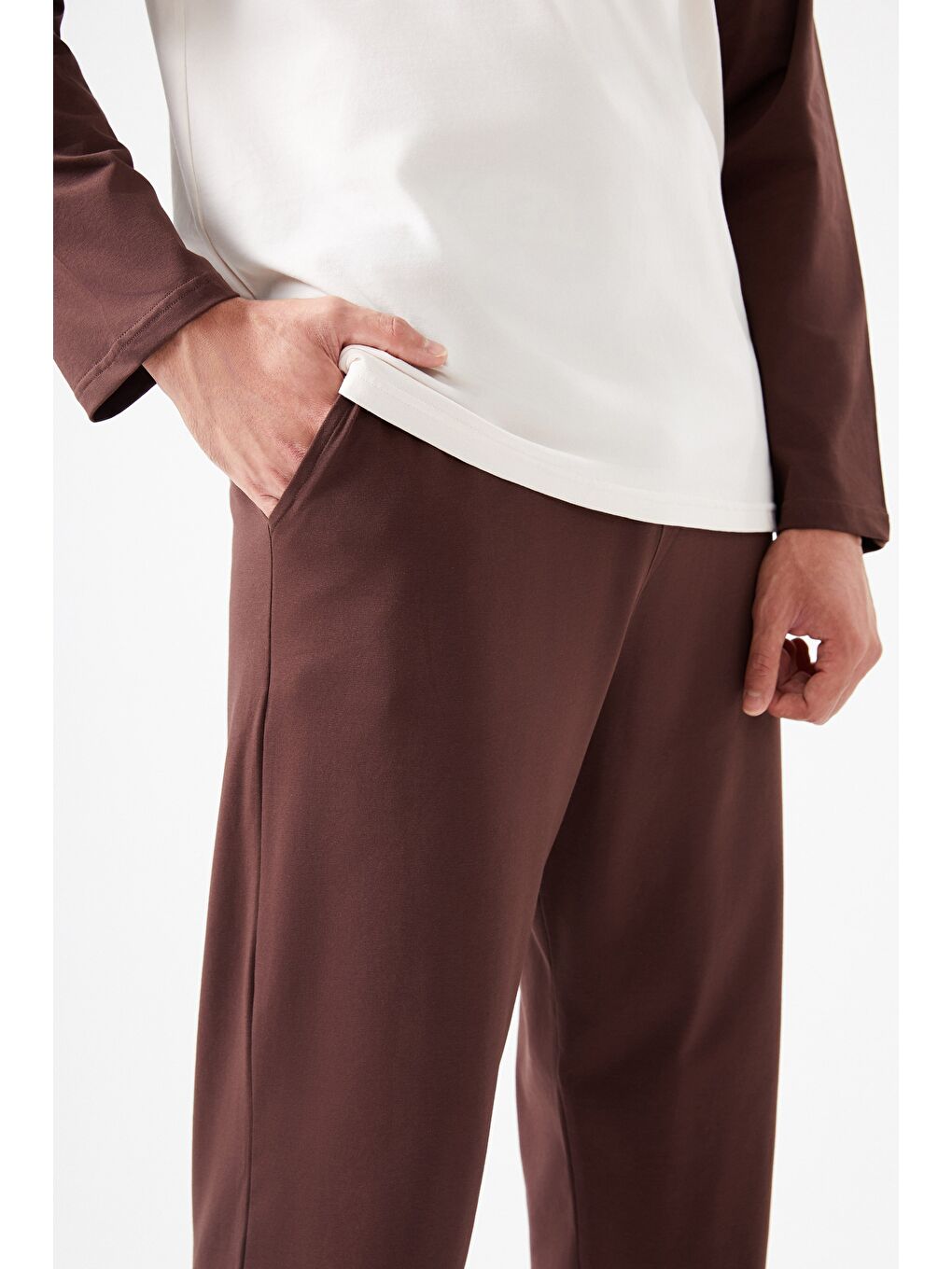 Kahverengi Erkek Pamuklu Uzun Kollu Cepli Pijama Takımı-4