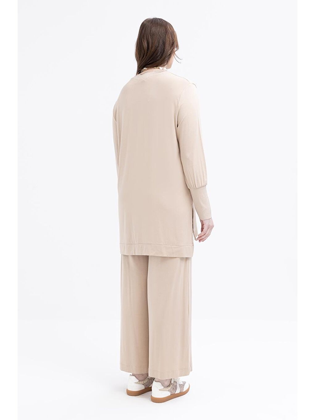 Bej-Büyük Beden Elastanlı Pantolonlu Takım-3