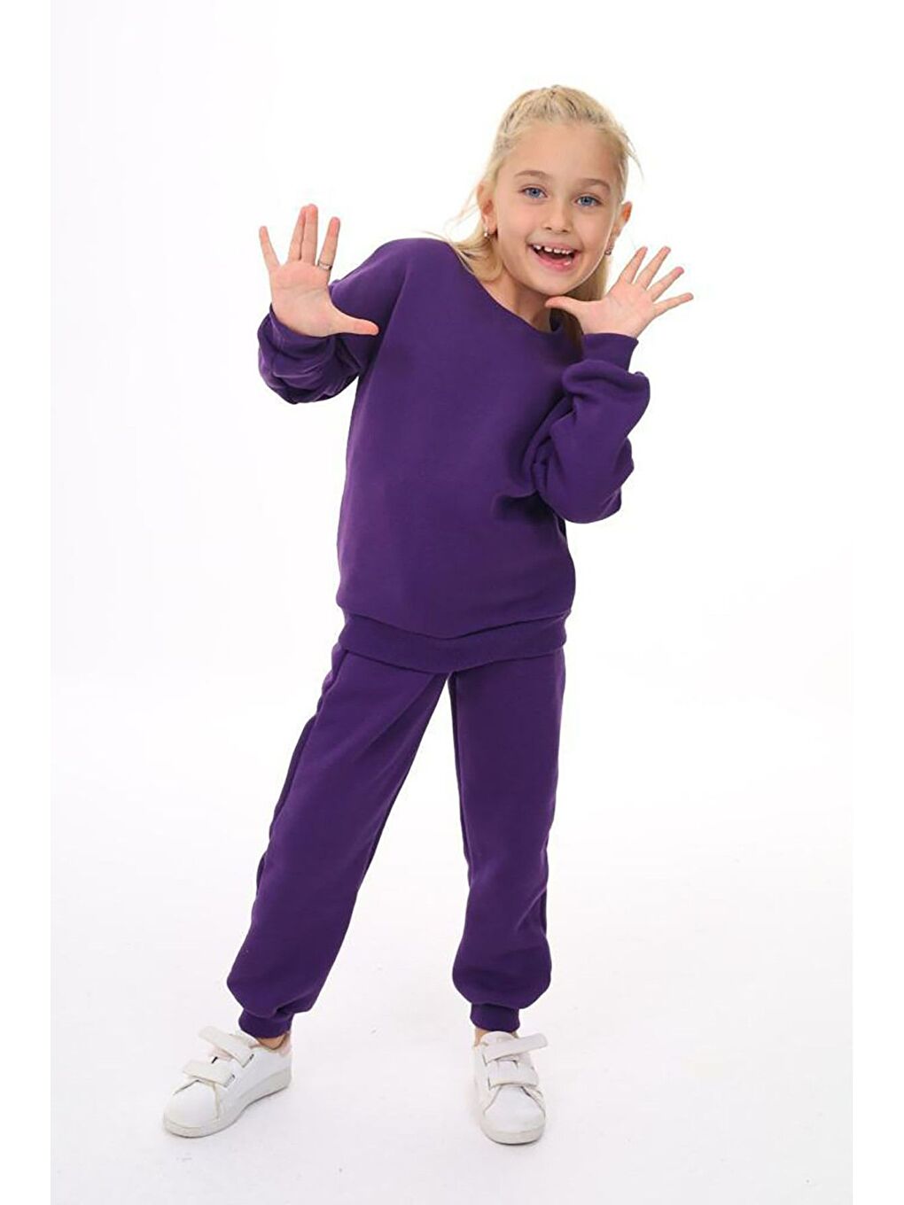 Kız Çocuk Sweatshirt ve Pantolon Takımı – Mor Basic 5-14 Yaş 10843-2