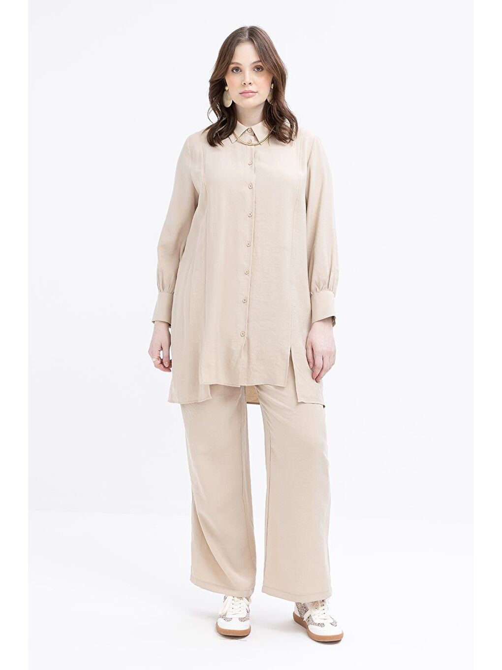 Bej-Yırtmaç Detaylı Büyük Beden Modal Pantolonlu Takım-1