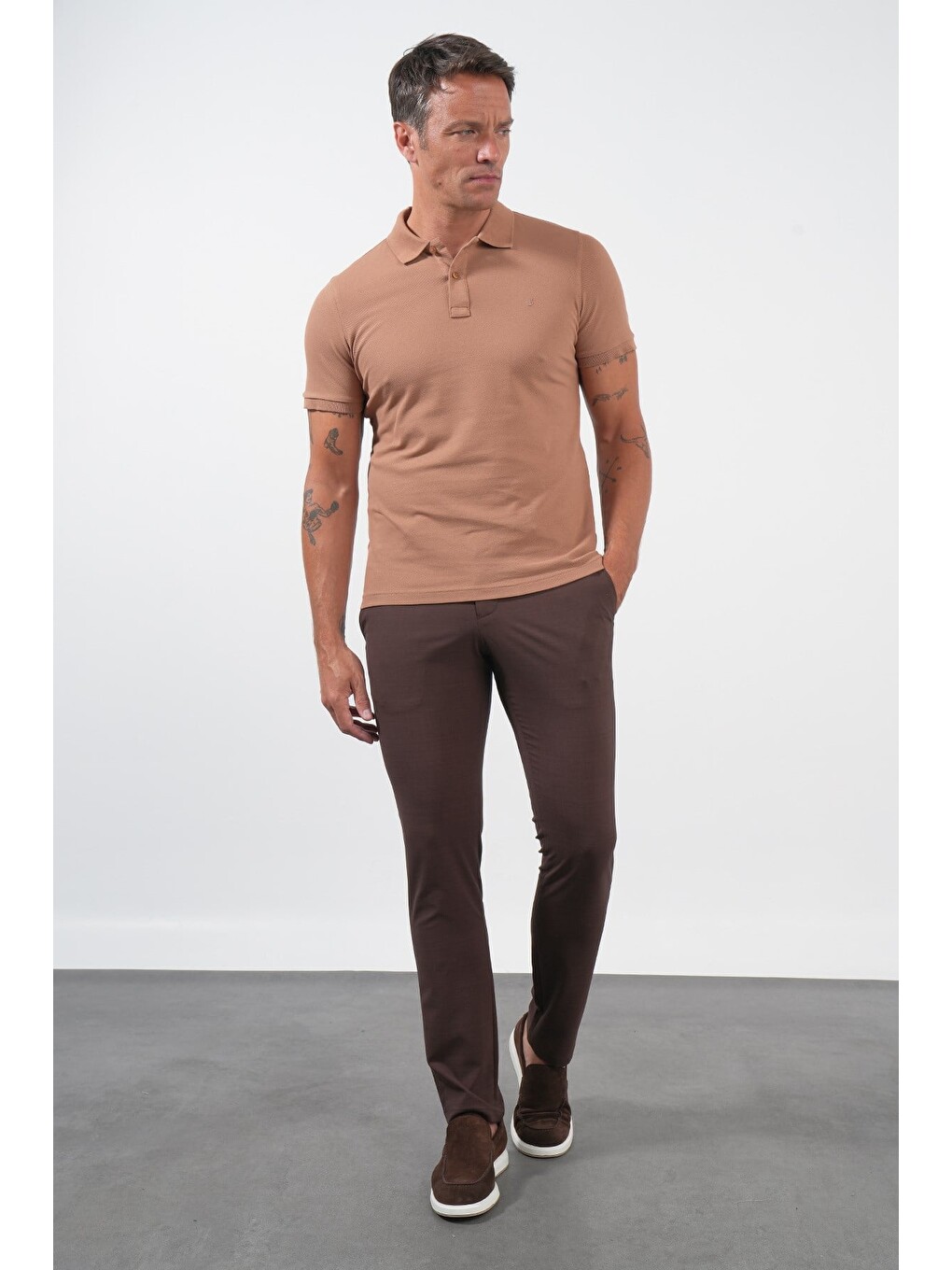 Bej Vizon Polo Yaka Pike Kısa Kol Slim Fit Pamuklu Hediye Kutulu Tişört 1011260169-1