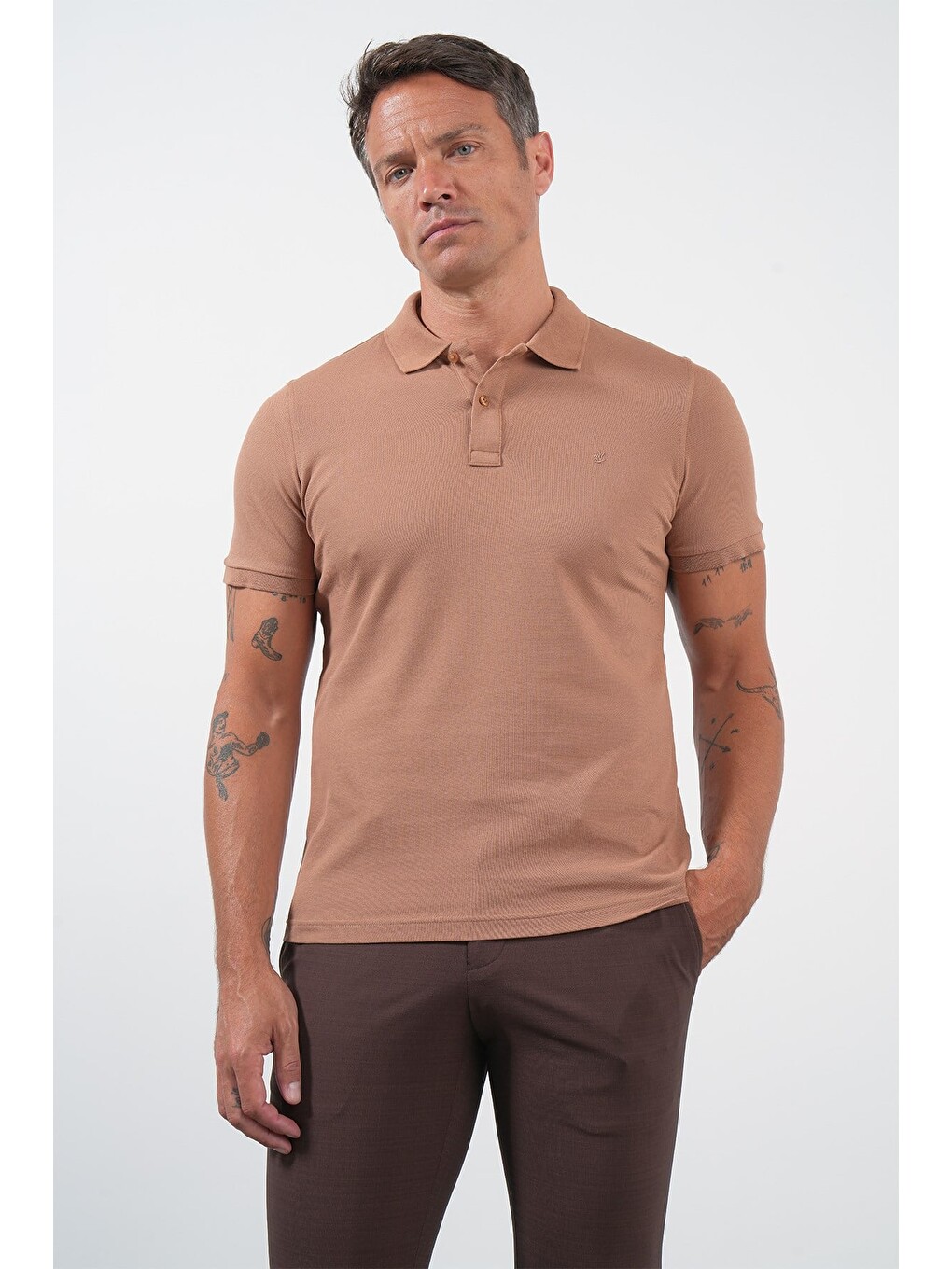 Bej Vizon Polo Yaka Pike Kısa Kol Slim Fit Pamuklu Hediye Kutulu Tişört 1011260169-2