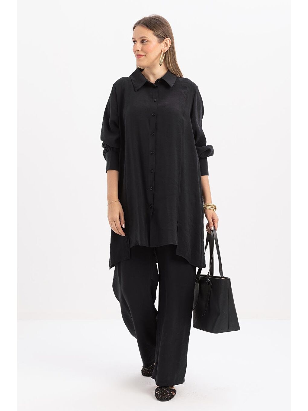 Antrasit-Yırtmaç Detaylı Büyük Beden Modal Pantolonlu Takım