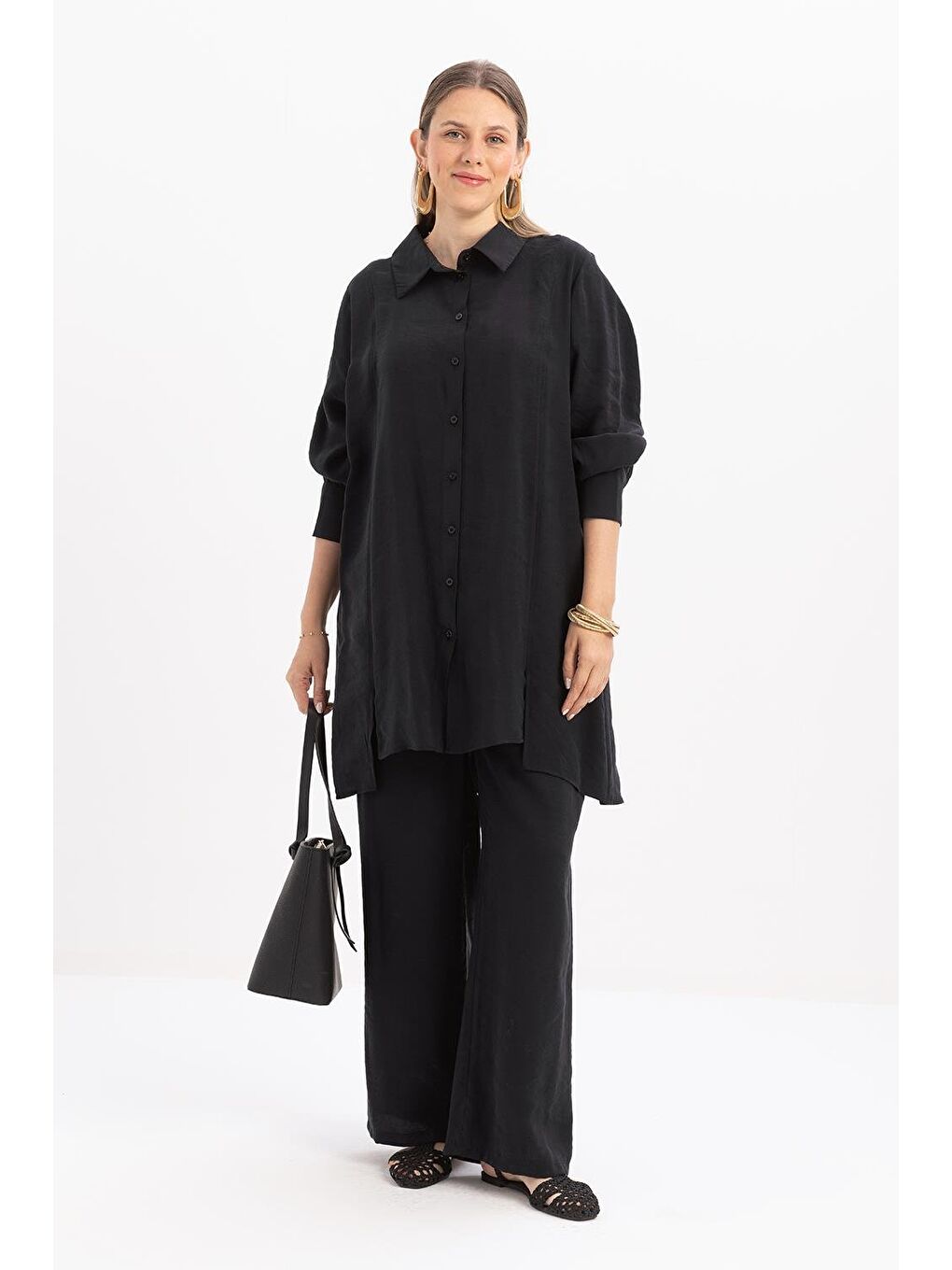 Antrasit-Yırtmaç Detaylı Büyük Beden Modal Pantolonlu Takım-1