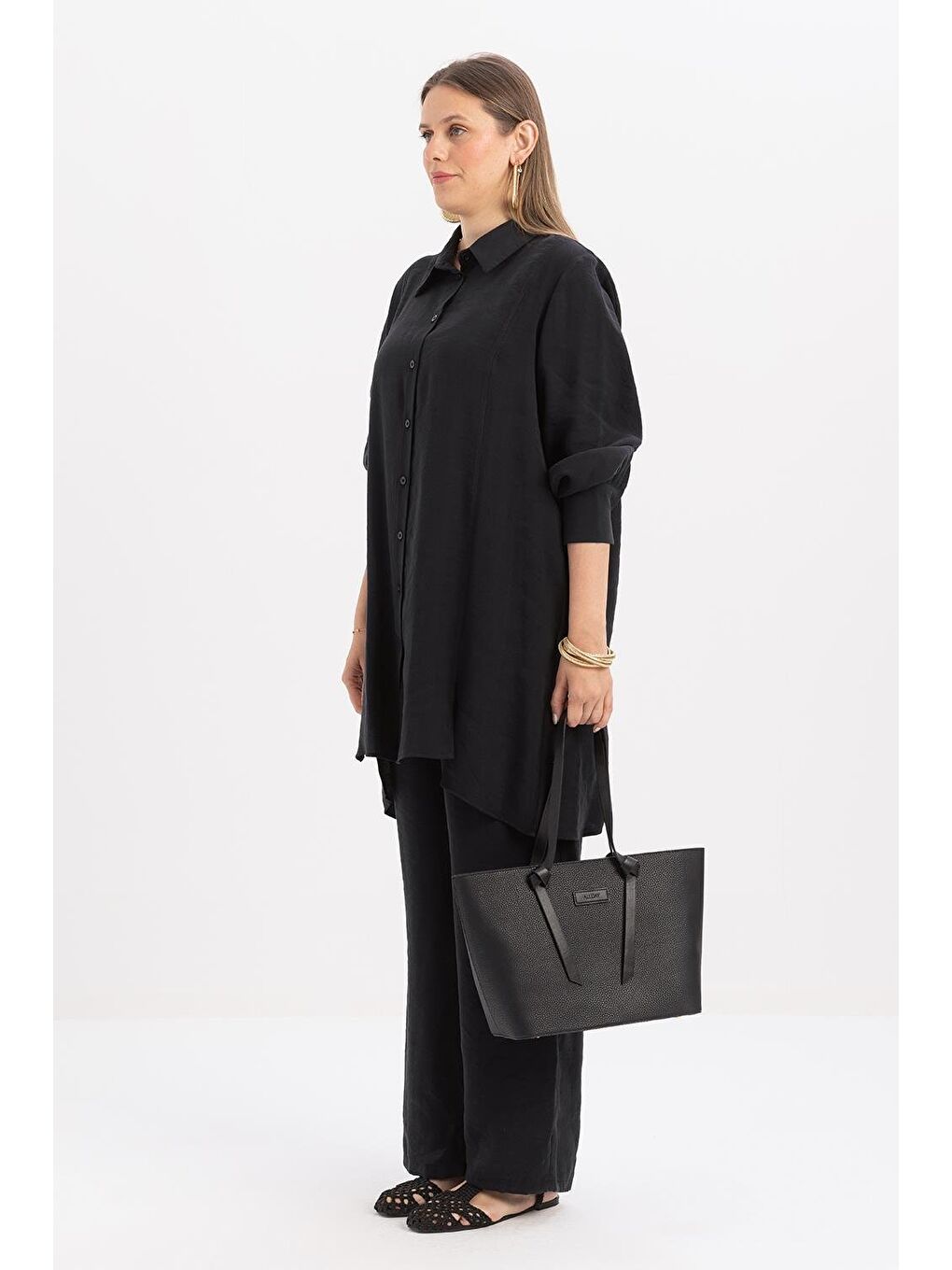 Antrasit-Yırtmaç Detaylı Büyük Beden Modal Pantolonlu Takım-2