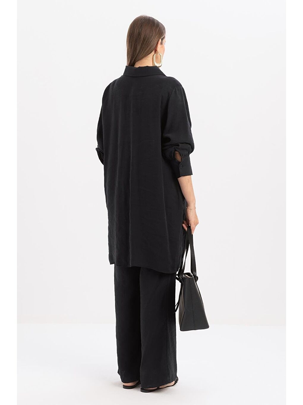 Antrasit-Yırtmaç Detaylı Büyük Beden Modal Pantolonlu Takım-3