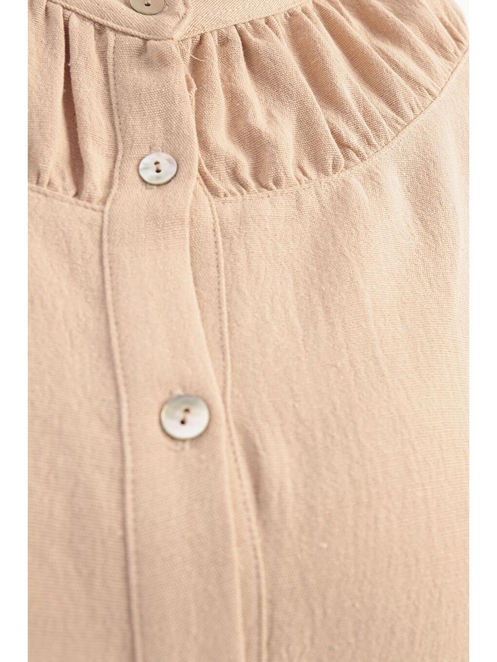 Bej-Büzgü Detaylı Büyük Beden Keten Pantolonlu Takım-4