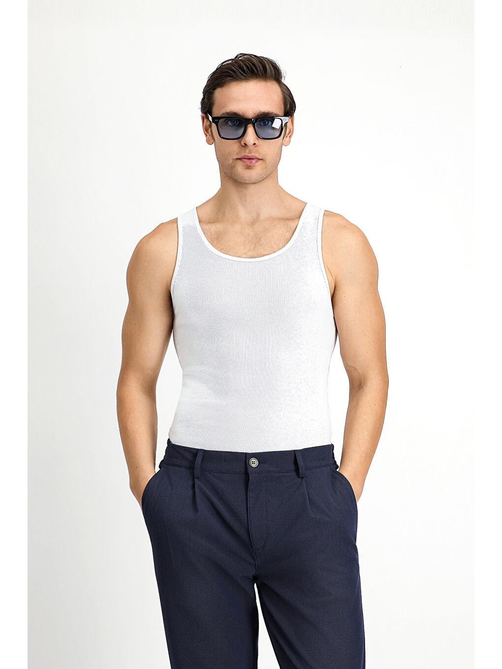 Beyaz Slim Fit Dar Kesim Pamuk Fitilli Atlet-1