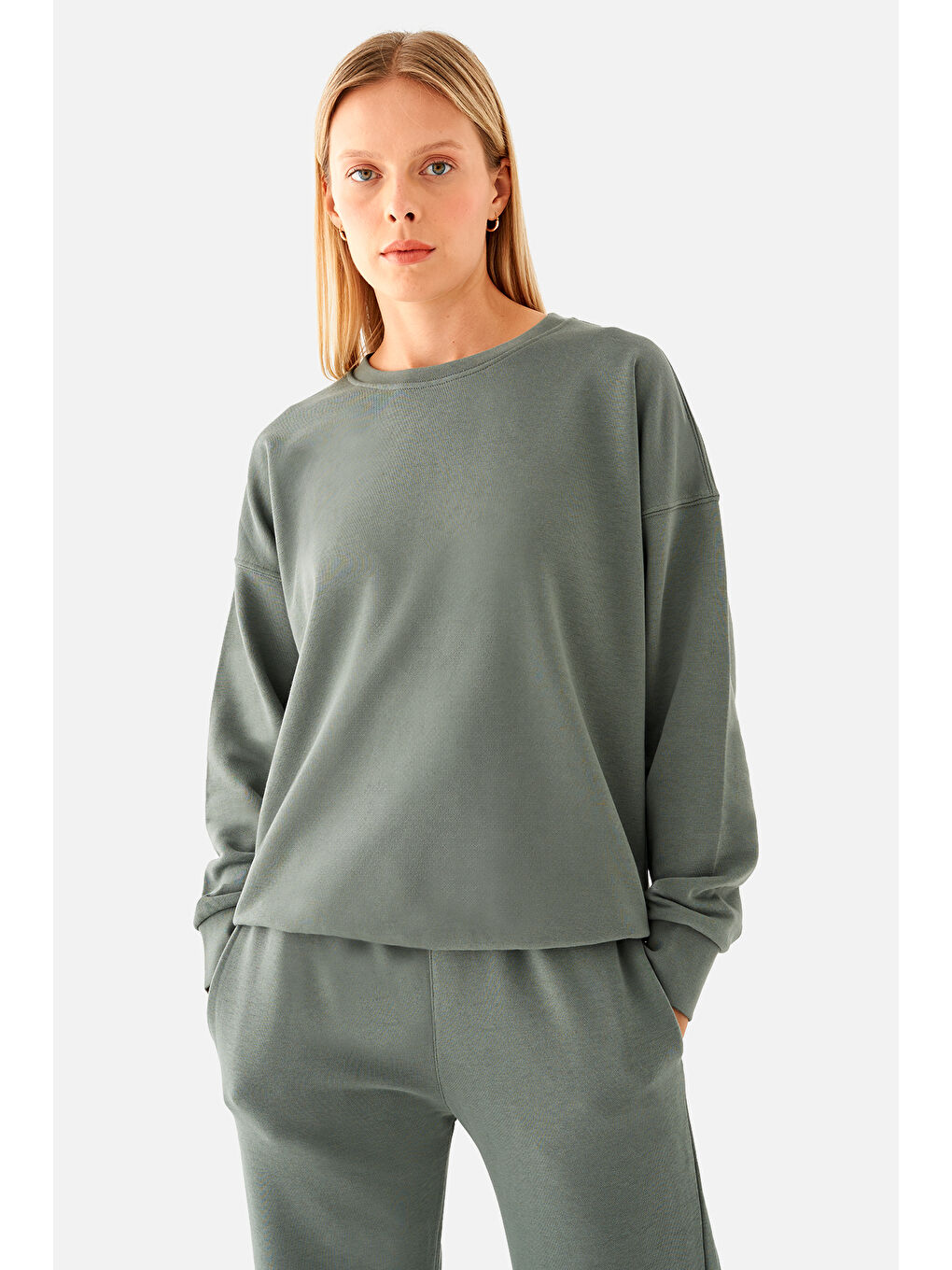 Superstacy Nina Pamuklu Basic Haki Sweatshirt