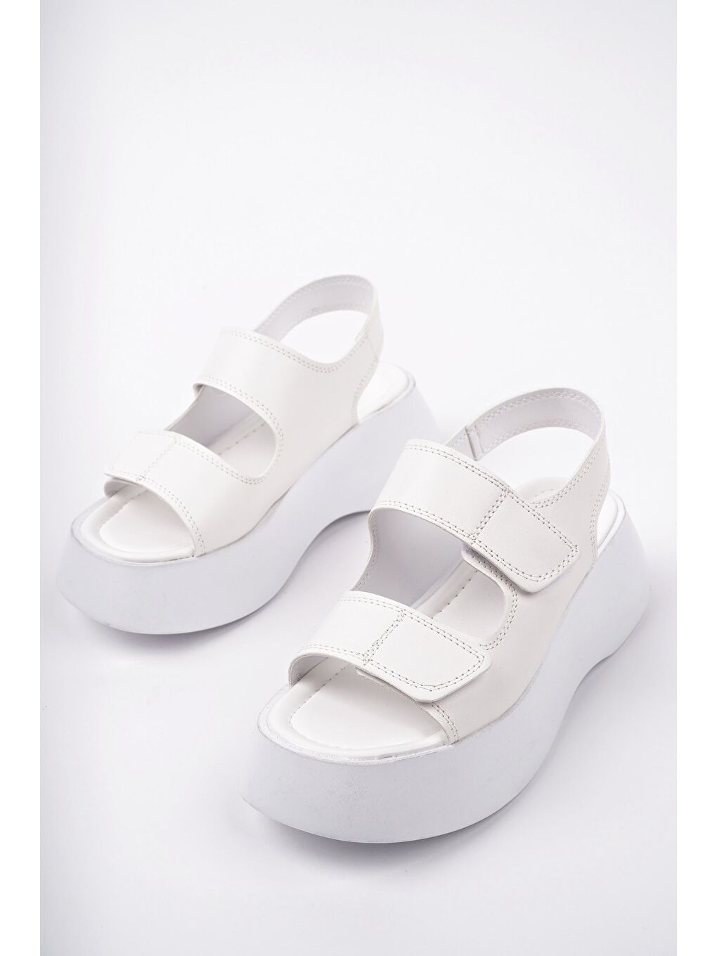 Beyaz NANSHE Kalın Taban Çift Bantlı Cırtlı Günlük Kadın Sandalet-1