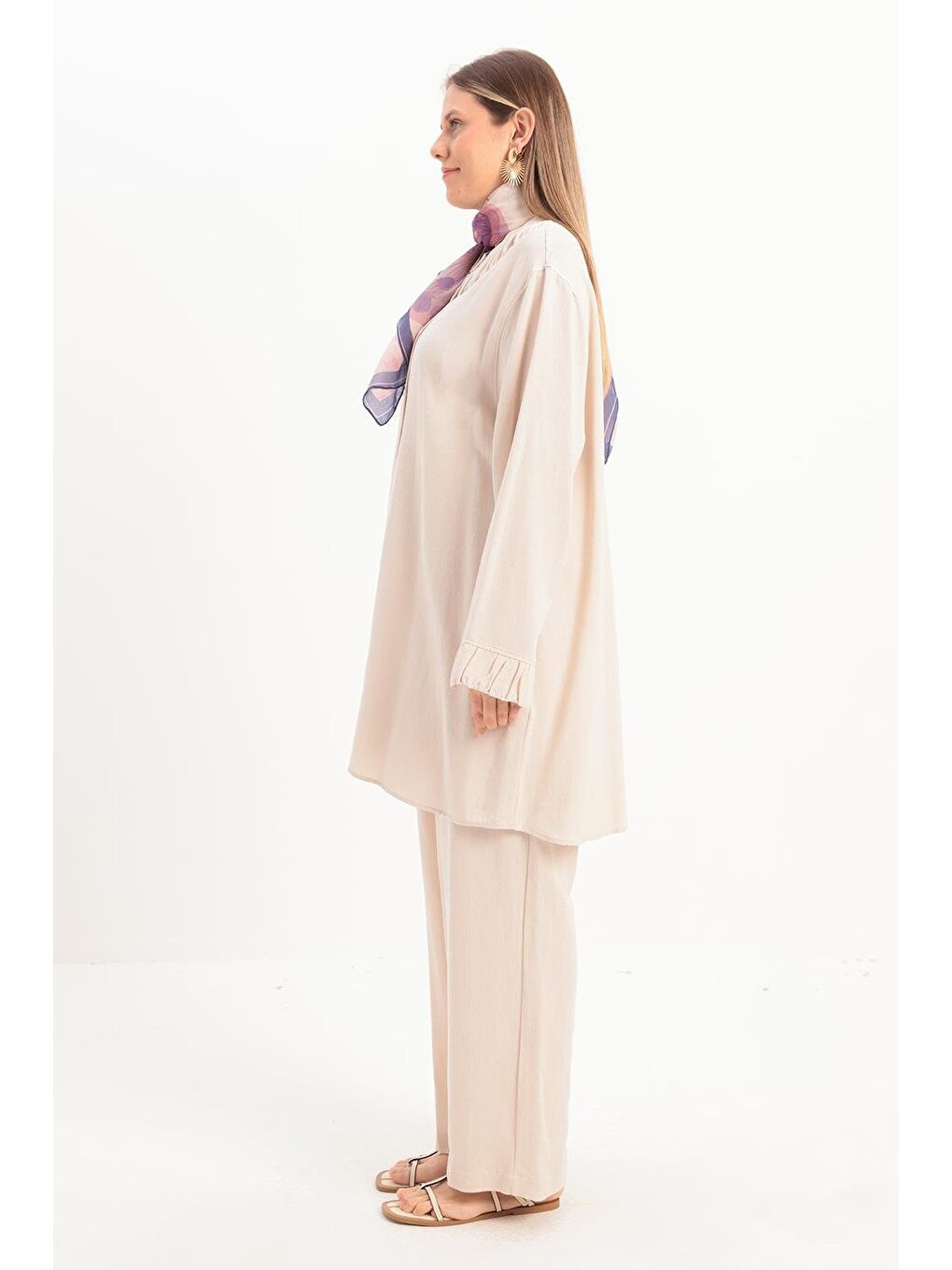 Bej Taş-Büzgü Detaylı Büyük Beden Keten Pantolonlu Takım-2