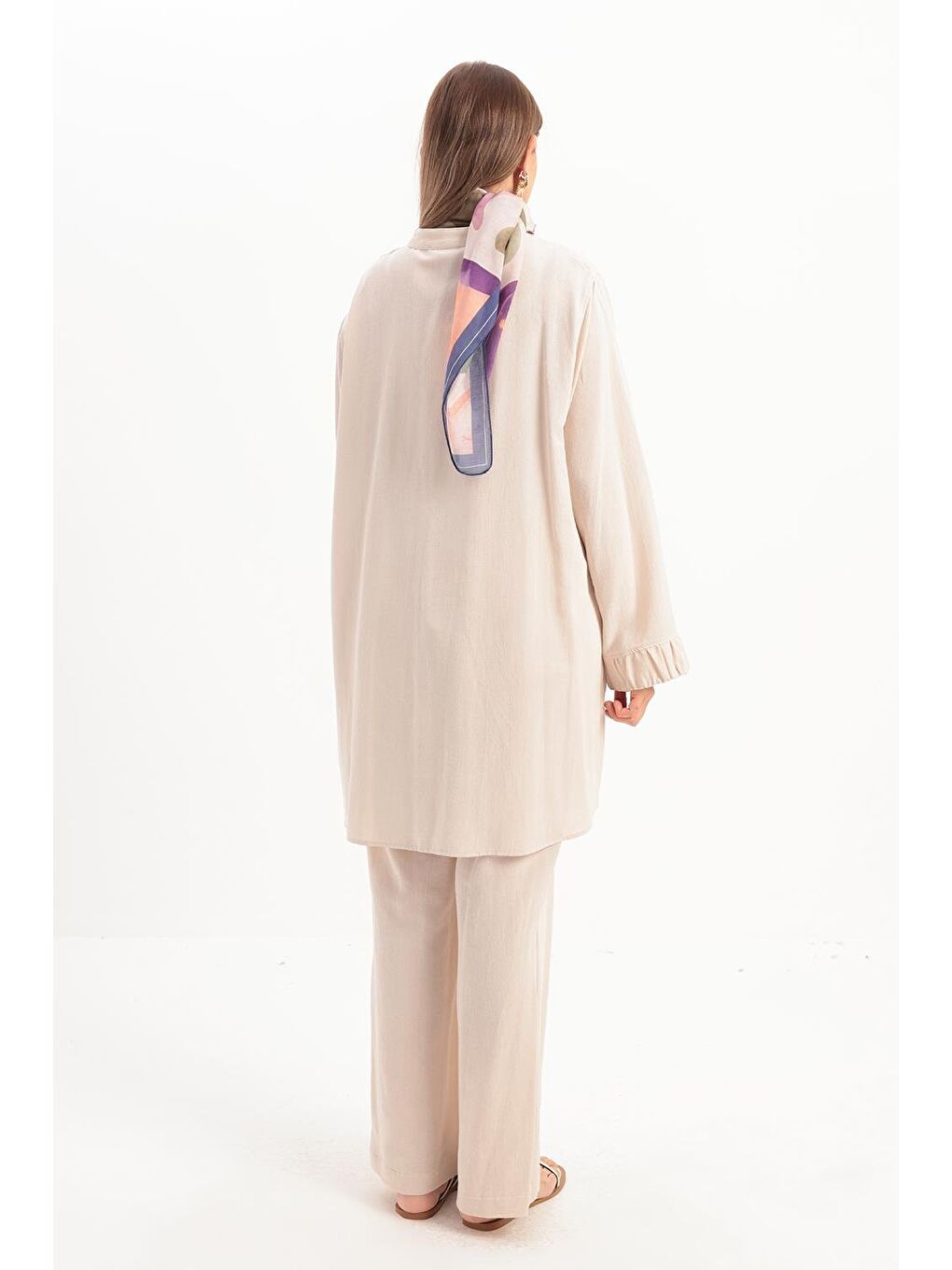 Bej Taş-Büzgü Detaylı Büyük Beden Keten Pantolonlu Takım-3