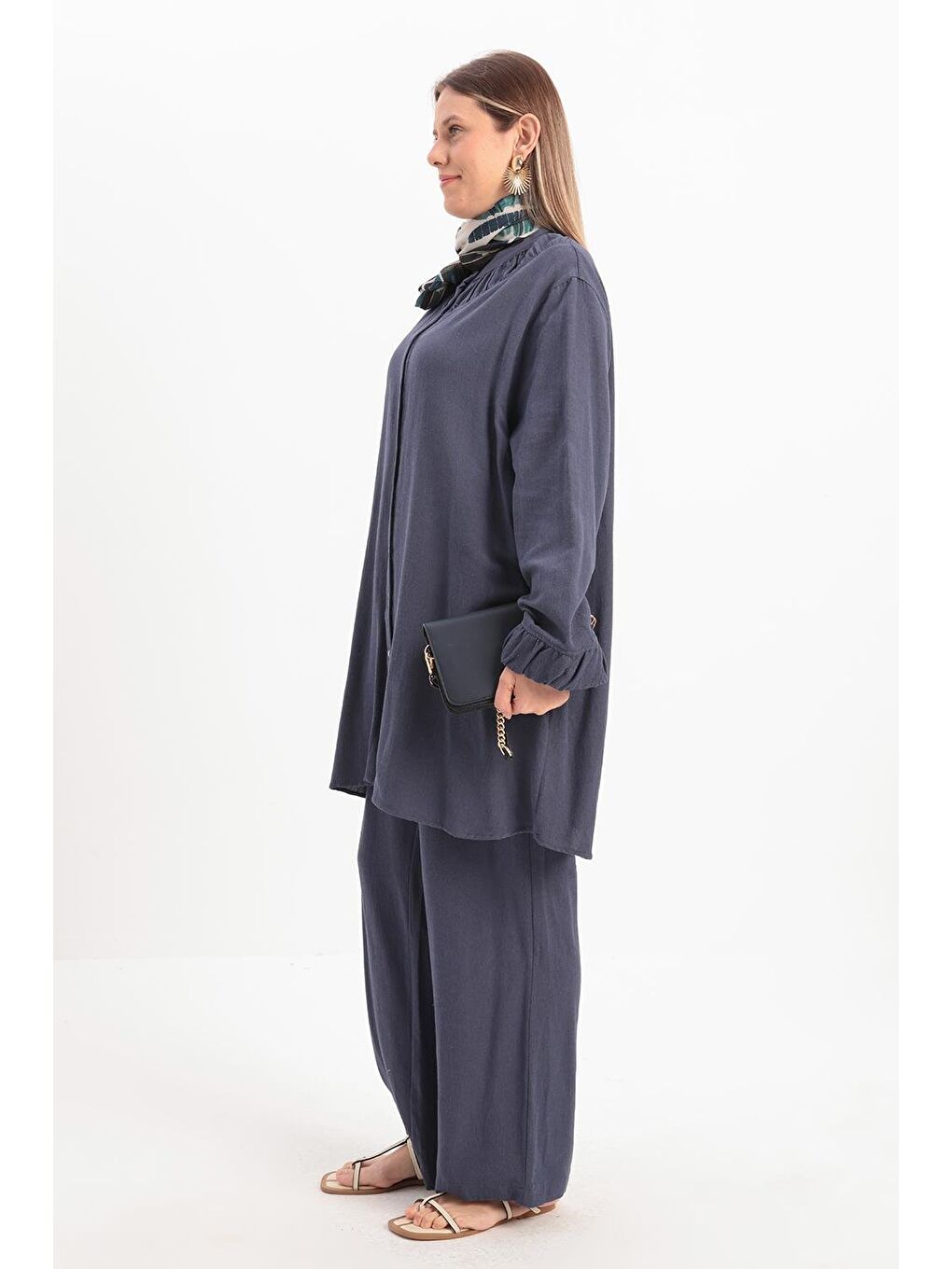 İndigo-Büzgü Detaylı Büyük Beden Keten Pantolonlu Takım-2