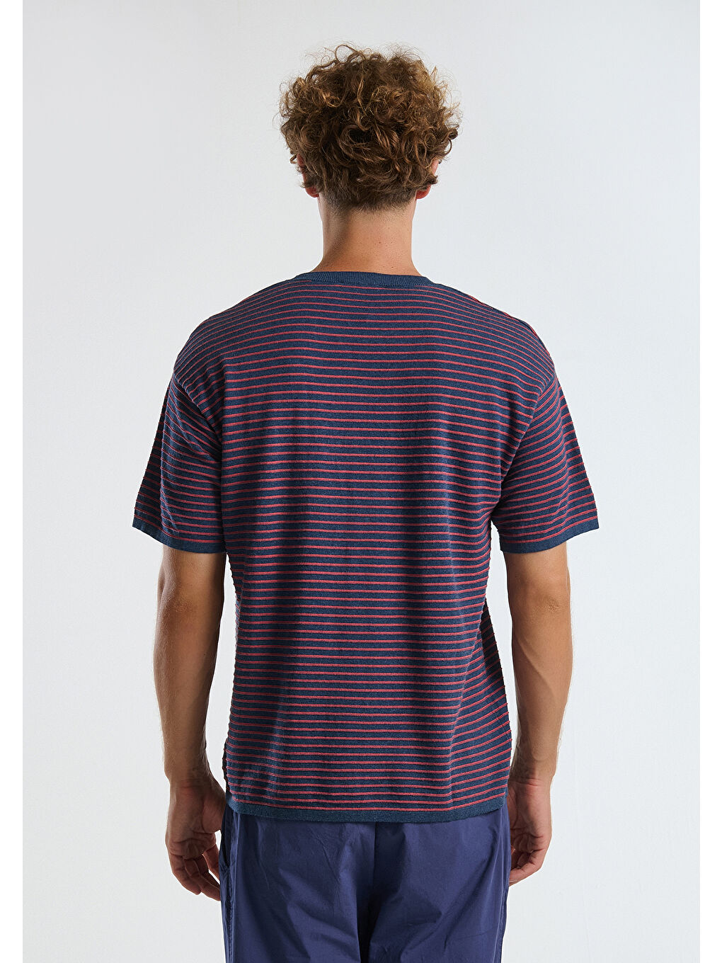 Erkek Lacivert Mix %100 Pamuk Kısa Kollu Çizgili Rahat Kesim T-Shirt-1